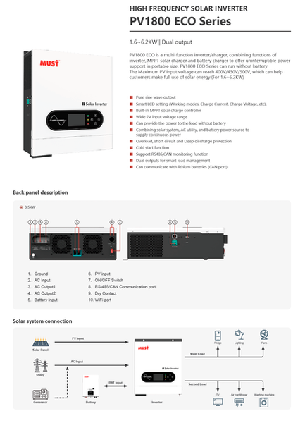 Гибридный инвертор Must PV18-3624ECO 24 В 3.6 кВт